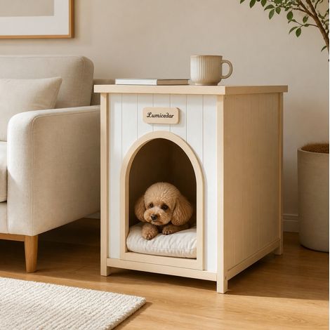 Cuccia per cani in legno 53x51,6x60 cm bianco crema, tavolino – MEUBLIV (1/5)