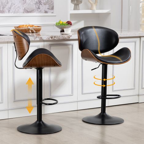 Drehbare Barhocker, 2er-Set, höhenverstellbare Barhocker aus gebogenem Holz, Barstuhl mit PU-Lederbezug, ergonomischer Rückenlehne und Fußstütze, für Bar, Kücheninsel zu Hause(Black PU Leather)