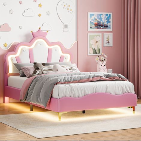 Lit LED double 140x190 cm avec sommier, tête de lit confortable, lit 1 place revêtement synthétique gris, Structure de lit, PU Rose (1/5)