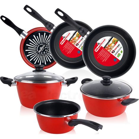 Magefesa GRANA Bateria de Cocina 5 piezas + Set Juego 3 Sartenes 18-20-24cm, Acero Vitrificado 820ºC, Libre PFOA  Rojo