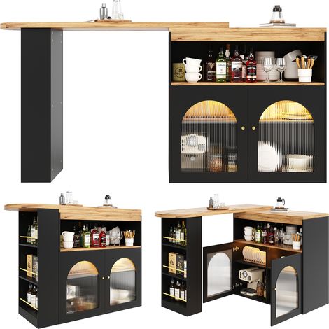 CAIzi138-193X39X105CM Table de bar moderne extensible, table à manger extensible avec rangement, table haute bistrot pivotante pour salle à manger, avec bande lumineuse LED de 1 m (couleur de lumière 
