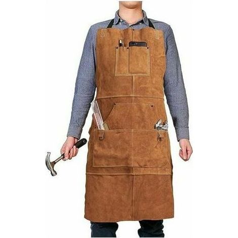 Tablier en Cuir Menuiserie, Tablier de Travail avec 6 Poches à Outils, Tablier Soudeur pour Homme Femme, Anti-Chaleur Ignifuge Tablier d'Atelier, Réglable de M à XXL (1/4)