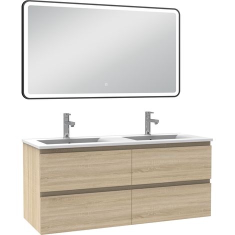 Ocean Meuble Salle de Bain 120cm Chêne Wotan double vasque + miroir lumineux 3 couleurs + dimmable