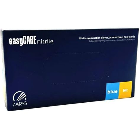 Guantes de nitrilo sin polvo, azules, talla M, 100 unidades, ZARYS easyCARE, diagnóstico, clorados en el interior. (1/3)