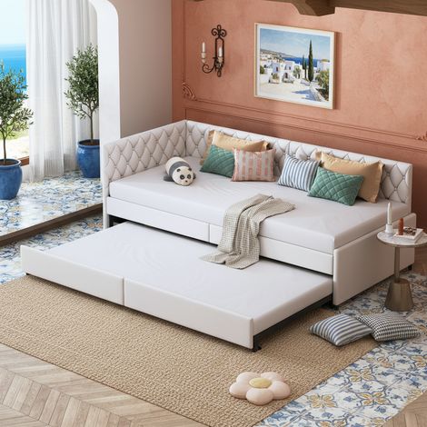 Ausziehbett 90x200 cm mit Stauraum, Holzlattenrost und Metallrahmen, Samt Polsterbett, Beige