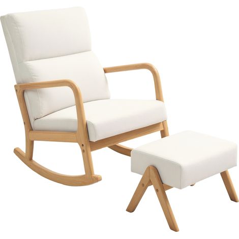 Fauteuil Suspendu Bois Massif avec Tabouret Repose-Pieds, Chaise Balançoire Tissu Aspect Lin pour Salon (1/5)