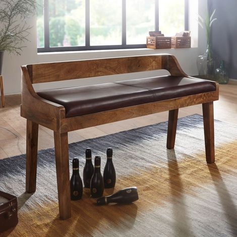 Banc de table 108x43x63 cm en cuir de chèvre et manguier massif – Dossier court – Poids max 200 kg – Livré prêt à monter