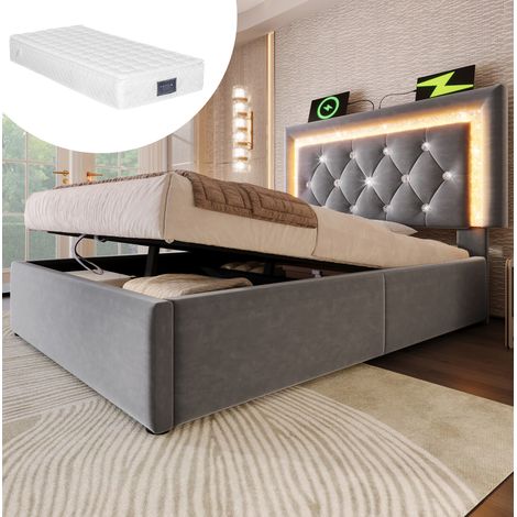 Cama individual 90x200 cm gris en terciopelo con LED, carga USB-C, arcón hidráulico y colchón (1/5)