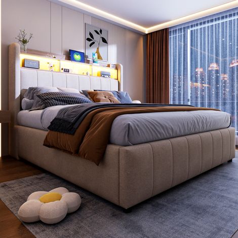 Modernluxe – Lit coffre de rangement capitonné en lin 140x200cm – avec éclairage LED – rangement hydraulique – tissu résistant – structure métal (1/5)