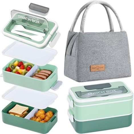 Bento Lunch Box avec Sac Kit, 1600ML Boite Repas avec Sac Isotherme et Couverts, Hermétiques Bento Japonais avec Compartiment, Boite Micro Onde pour Enfant Adultes Pique Nique Travail (Vert) (1/5)