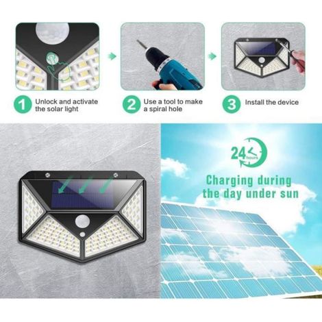 Lampe Solaire Extérieur 100 Led - Éclairage Détecteur De Mouvement 270° - Étanche IP65 - Noir (1/4)