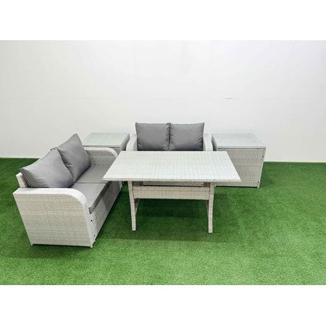 Fimous 4 Seater Outdoor Love Sofa Set Rattan Garden Furniture Set with Rectangular Dining Table 2 Side Tables Light Grey (1/4)