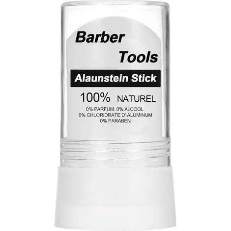 100 % natürliches, geruchloses Deodorant auf Alaunbasis, beruhigt die Haut nach der Rasur.
