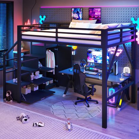 Lit mezzanine en métal 140 x 200 cm avec rangements, armoire intégrée et éclairage LED – Lit Superposé Enfant gain de place pour chambre d'ado et studio (1/5)