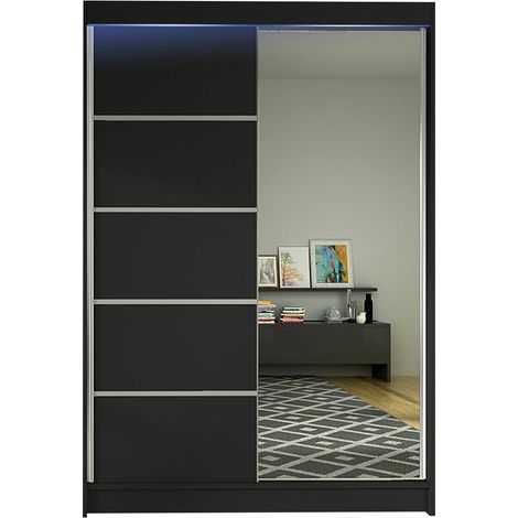 Armoire Closico Salvor III, Noir, 200x120x58cm, Portes d'armoire: Coulissantes, Nombre d'étagères: 5, LED: Disponible