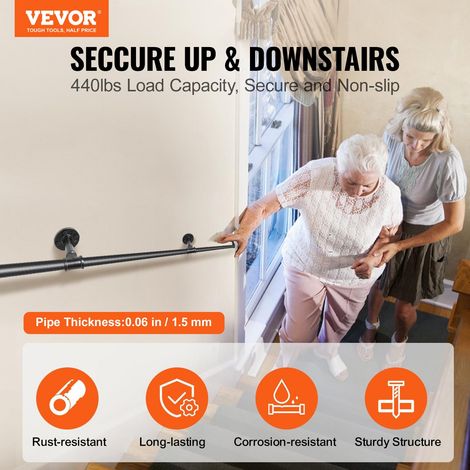 Rampe Escalier Murale 3,96m Main Courante Acier Carbone Garde-Corps Métal Capacité Charge 200 kg/Tube Rambarde en 4 Tubes 32 mm 5 Supports Muraux pour Enfants Personnes Âgées Intérieur Extérieur (1/5)
