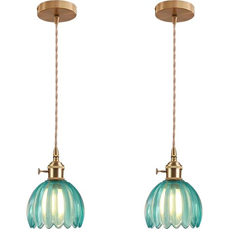 Suspension Vintage en Verre avec Douille E27 et Interrupteur Rotatif, Luminaire Plafonnier avec Abat-Jour en Forme de Pétale pour Cuisine, Salle à Manger ou Chambre (bleu, 2 pièces) (1/5)