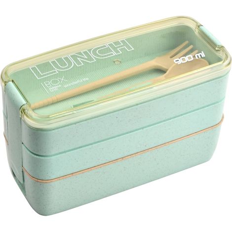 Boite Repas 900ml, Bento Lunch Box Étanche, Repas Boîtes avec 3 Compartiments et Couverts, Boîte à Déjeuner Adultes Enfants, Boîte à Lunch Réutilisables, Micro-ondable (Vert) (1/5)