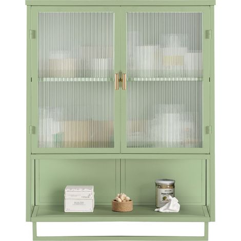 Armoire murale moderne à 2 portes vitrées de 60 cm avec rangement fermé à deux niveaux, étagère ouverte et porte-serviettes – Idéale pour entrée, salon, salle de bain et salle à manger, verte (1/5)
