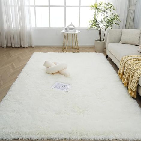 Tapis Salon Chambre Blanc 160 x 230 cm à Poils Longs Tapis de Chambre Descente de lit Tapis Poils Longs pour Salon Chambre Canapé (1/4)