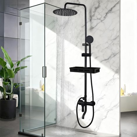 Colonne de Douche Ronde Noir Réglable avec Étagère et Mitigeur (1/5)
