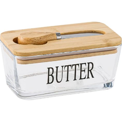 Burriera ermetica con coperchio e misurino, vassoio di supporto in vetro da 500 ml per frigorifero da banco, colore legno naturale. (1/5)