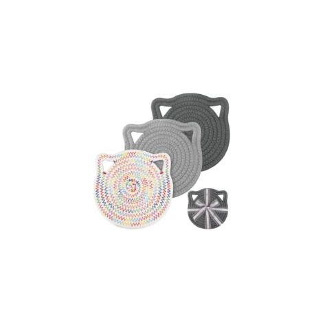 3 Set de Table Rond Tressé Lin Coton Lavable, Couleur Enfant Forme Chat Mignon, Épais 0,8cm Nature Tapis Résistant à la Chaleur (18cm, Gris Foncé, Gris, Multicolore), (AA-2001) (1/5)
