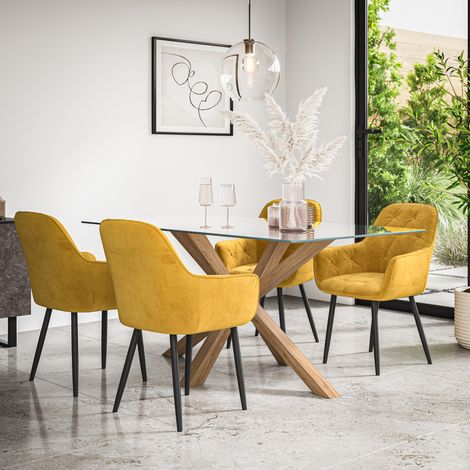 Etta Glass Dining Table And Chairs - Glass Top w Solid Oak Legs + Anika Velvet Dining Chair Set Of 4 (Mustard)