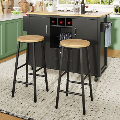 Lot de 2 Tabourets de Bar 63 cm, Tabourets Hauts avec Assise Effet Bois, Double Repose-Pieds, Pieds Réglables, Structure Métallique, pour Îlot Central, Cuisine et Comptoir,Noir (1/5)