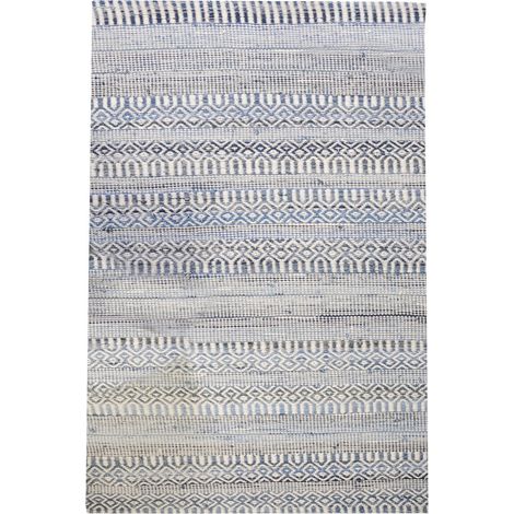 Tapis de Salon Sarah Berbère Ethnique en Soie et Chanvre, Ivoire et Bleu, 120 x 180 cm - PANGIVO (1/2)