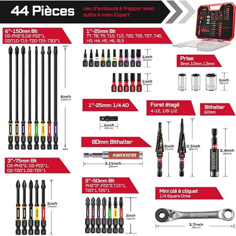 Geinxurn Set Embouts Tournevis S2, Mini Cliquet, Perceuse Étages, Porte-Embouts Magnétique, Douille, Adaptateur, Boîte Rouge (1/4)