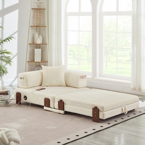 Canapé convertible 2 in 1 in tessuto beige con porte USB/Type-C e vano contenitore (1/5)