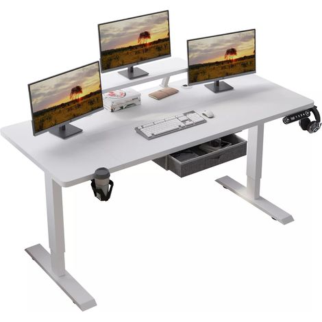 160x76cm Bureau Assis Debout Électrique, Bureau De 62 Pouces Avec Tiroirs Et Commande Manuelle De 4 Claviers Avec Fonction De Mémoire Automatique, Blanc (1/5)