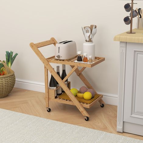 Küchenwagen aus Bambus, klappbarer Servierwagen mit 2 Ablagen, 4 Rollen und 3 Weinregalen, 66 x 40 x 70 cm, Naturholz