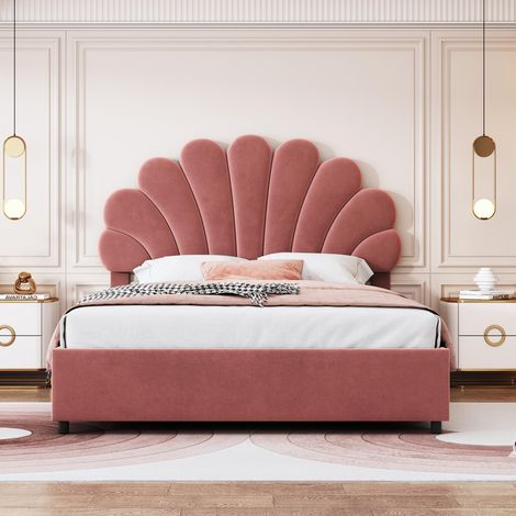 Lit coffre 140x200 cm, sommier inclus, rangement hydraulique, lit rembourré velours rose avec tête de lit fleurie réglable, sans matelas (1/5)
