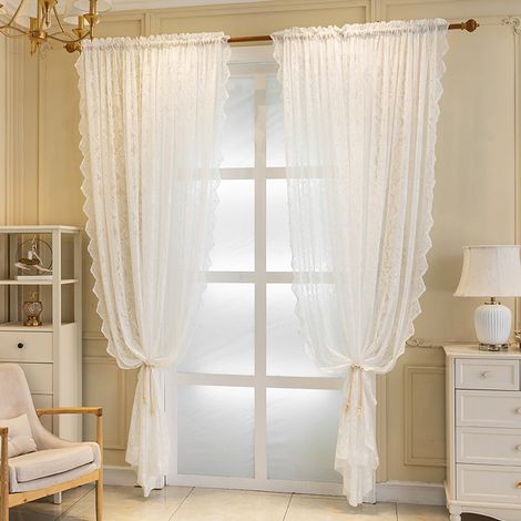 Rideaux en dentelle blanche, 72 pouces de hauteur (paire), voilage léger pour fenêtres, rideaux transparents de style victorien, 140 cm de large x 200 cm de hauteur, rideaux blancs (1/5)