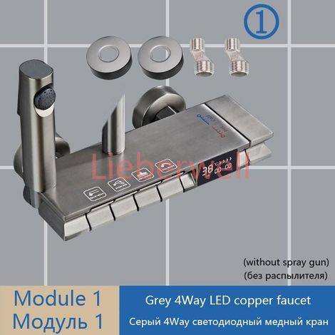 WJNMONE Grey LED Digital Shower System Set with Brass Square Shower Head, Chrome Finish, DIY Assembly Shower Column Kit (1/5)