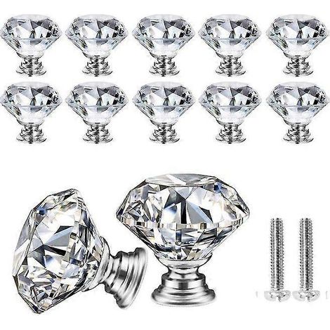Lot de 10 poignées de meuble en verre cristal, forme diamant, 30 mm, avec vis - Quincaillerie décorative transparente pour meubles (1/4)