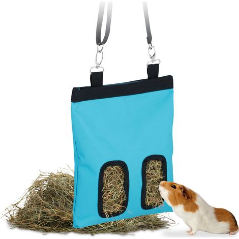Relaxdays Borsa Porta Fieno per Conigli, HxL: 31 x 25 cm, Sacco di Stoffa per Mangime per Cincillà e Criceti, Blu Nero