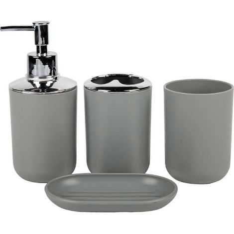 Ensemble d'accessoires de salle de bain No Fragile White, 4 pièces, rangement en plastique gris comprenant un porte-savon, un porte-brosse à dents et un plateau de rangement. (1/4)