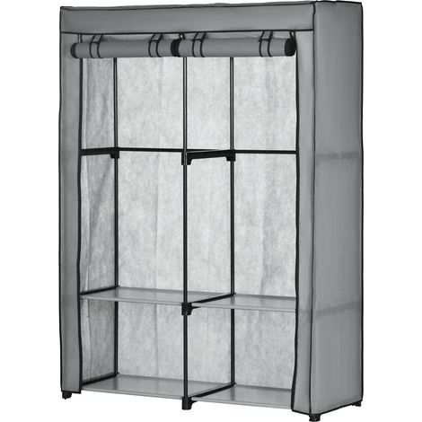Armoire en tissu non tissé portable avec 4 étagères ouvertes et 2 cintres, grise, 118 x 49 x 170 cm
