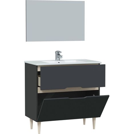 Dmora - Mobile sottolavabo Yarmouth, Sotto lavabo bagno, Mobiletto da bagno con specchio, Lavabo non incluso, 80x45h80 cm, Antracite e Rovere, con imballo rinforzato