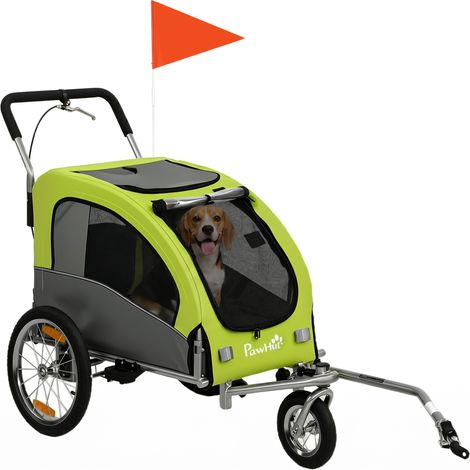 PawHut remolque de bicicleta perros 2 en 1, carrito perros medianos hasta 20 kg plegable con suspensión, neumáticos grandes, ventanas de malla, verde (1/5)