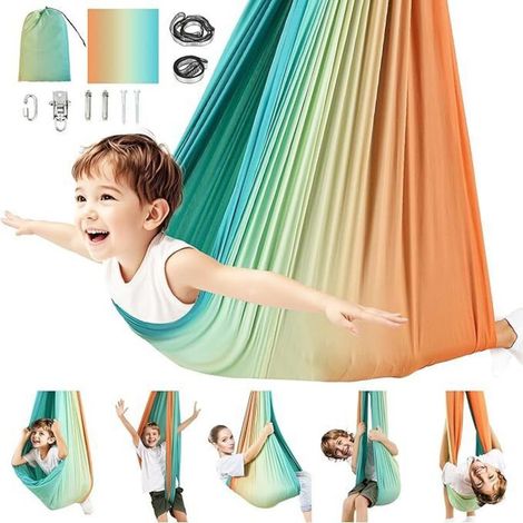 couleur orange Hamac élastique coloré pour enfants à l'intérieur, balancelle en filet pour l'extérieur, panier de patio avec accessoires (1/4)