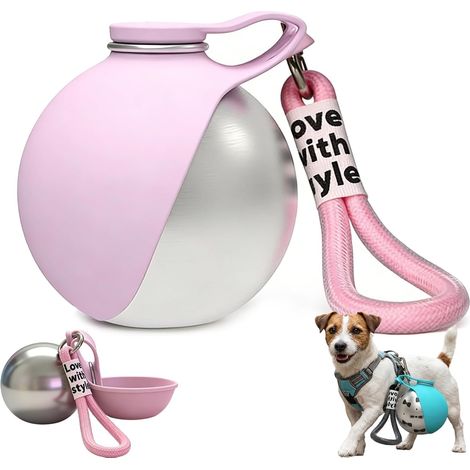 Edelstahl-Trinkflasche für Hunde – 1 Stück – mit integriertem Silikonnapf – auslaufsicher – ideal für Wandern und Reisen – rosa (1/5)