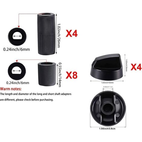 Gas Stove Adapter, Universal Control Knobs for Oven, Cooker, Hob, 4 Black Knobs + 12 Adapters (6 mm), Compatible with Motorhomes and Pizza Ovens (1/4)