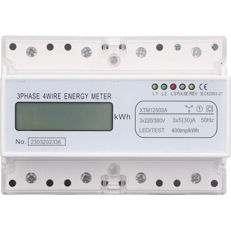 Compteur d'énergie électrique numérique LCD 7 chiffres, montage sur rail DIN 35mm, 3 phases 4 fils, moniteur de consommation 3x5(30)A. (1/5)