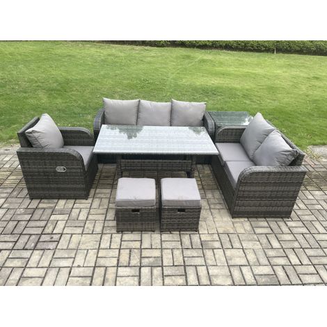 Fimous 8 Sitzer Garten Rattanmöbel Esstisch Sofa Set mit Liegestuhln Beistelltisch 2 kleine Fußhockern Dunkelgrau gemischt (1/5)