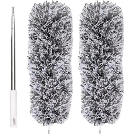 Plumero de microfibra extensible Crezuo con mango telescópico de acero de 110" y cabezal de limpieza plegable, plumero lavable para techos.-Crezuo