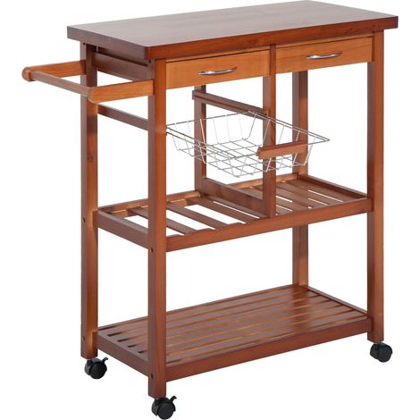 Carrello Portata da Cucina in Legno con Portabottiglie, Cestello, 2 Ripiani, 2 Cassetti, Legno di Pino, Resistente, Agevole, Versatile, 84.5x37.2x85cm